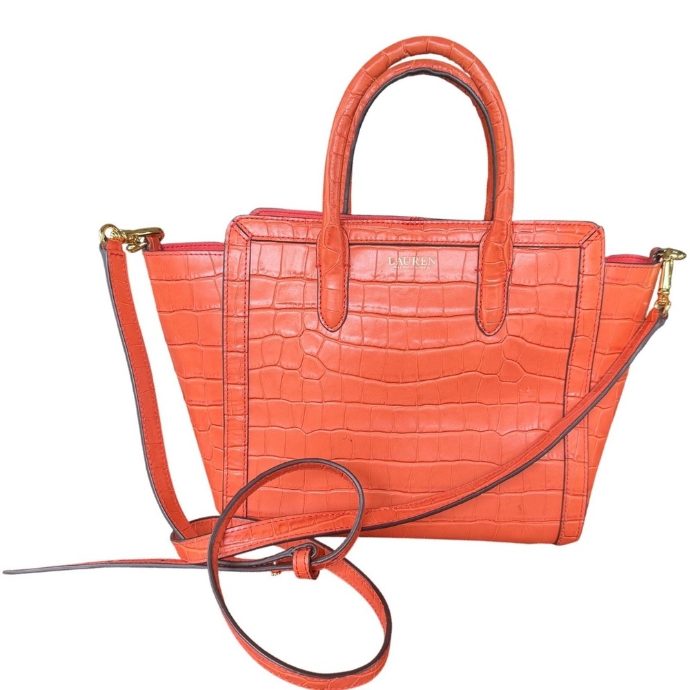 Lauren Ralph Lauren Tyler Coral Crocodile Embossed Leather Satchel Crossbody Bag